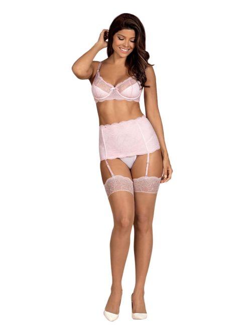 Obsessive Girlly Bra Garter Belt and Thong Set - Pink
