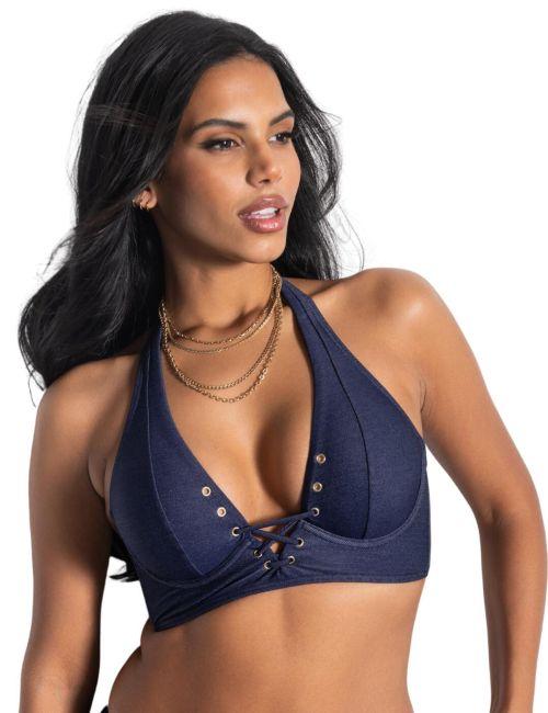 Pour Moi Adelaide Denim Lace Up Longline Bikini Top - Blue
