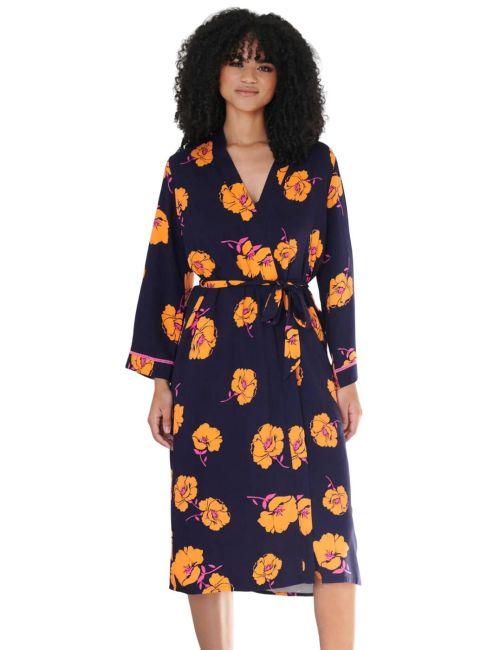Pour Moi Luxe Woven Twill Longline Gown - Navy/Orange Floral