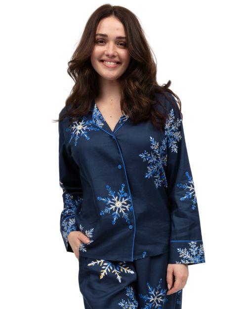 Cyberjammies Frosty Snowflake Print Pyjama Top - Navy Mix