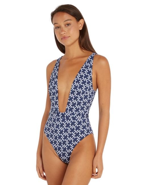 Tommy Hilfiger TH Monogram Plunge Swimsuit - Monogram Navy White