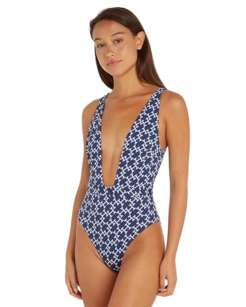 Tommy Hilfiger TH Monogram Plunge Swimsuit - Monogram Navy White
