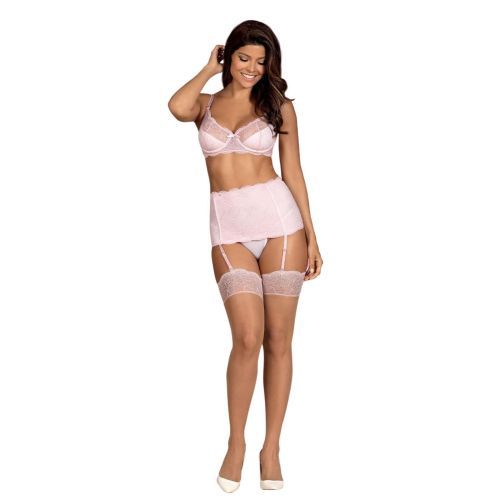 Obsessive Girlly Bra Garter Belt and Thong Set - Pink