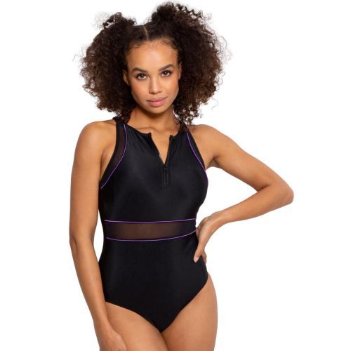 Pour Moi Energy Recycled Material High Neck Swimsuit - Black/Purple
