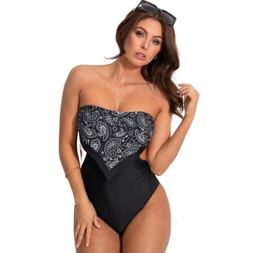 Pour Moi Scarf Strapless Tummy Control Swimsuit - Black Paisley