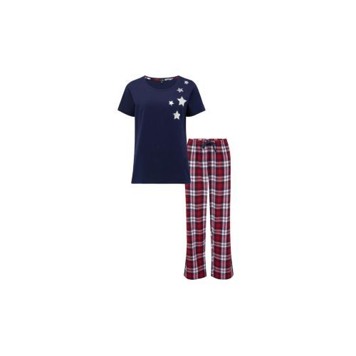 Pour Moi Cosy Check Trouser and Jersey T Shirt Pyjama Set - Navy/Red