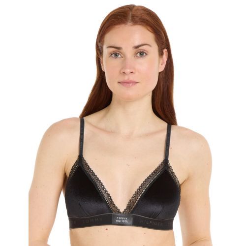 Tommy Hilfiger TH Lace Trim Velour Triangle Bralette - Black