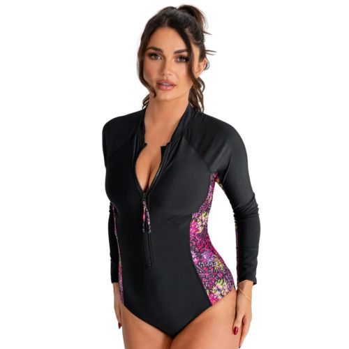 Pour Moi Energy Long Sleeved Zip Swimsuit - Black/Confetti