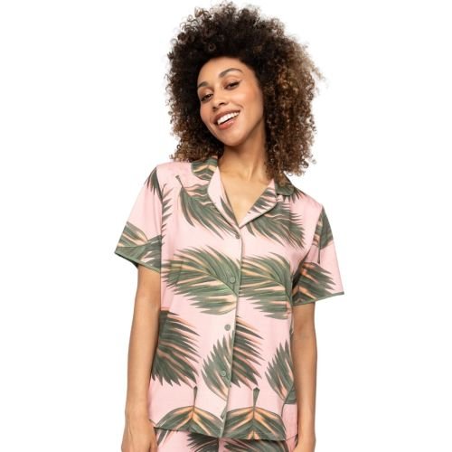 Cyberjammies Lea Leaf Print Jersey Pyjama Top - Salmon Pink Mix
